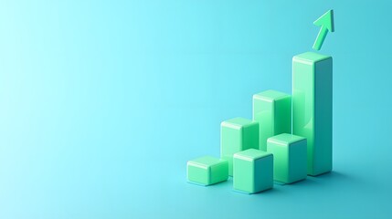 3D bar chart showing growth with upward arrow on blue background, symbolizing business success, financial gain, and positive trend.