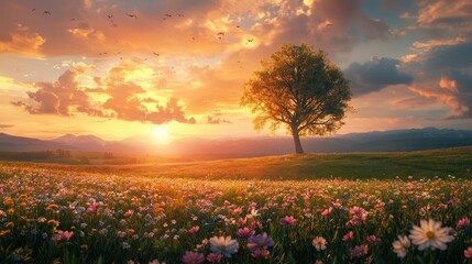 Fototapeta premium Lone Tree in a Field of Flowers at Sunset.