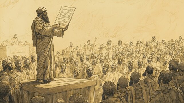 Biblical Illustration of Ezra Standing on a Wooden Platform, Holding an Open Torah Scroll High as He Prepares to Read the Law to the People