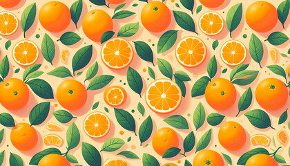 orange fruit with green leaves in soft orange background with bright vibrant illustrated in flat illustration style,top view for fabric, paper,wallpaper  print design