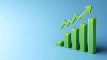 3D bar chart with green bars and upward arrow symbolizing growth, success, or progress on a blue background.