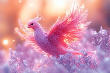 Obraz premium A phoenix rising from the ashes, isolated on a pastel lavender background, symbolizing rebirth and the courage to start again,