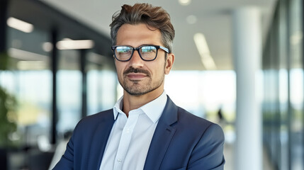 Fototapeta premium Portrait of a handsome, confident business man wearing eyeglasses in an office.
