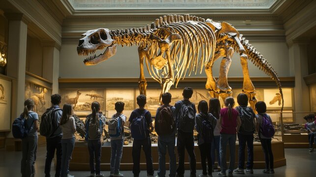 A serene and inspiring image of a group of students on a field trip to a natural history museum, exploring exhibits and engaging in discussions about the significance of the artifacts on display,