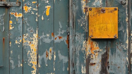 Weathered Metal Surface with Peeling Paint and a Yellow Sign