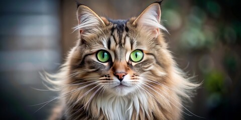 Fototapeta premium Adorable whiskered feline sits upright, intensely gazing directly at the lens with piercing green eyes, fluffy fur, and a hint of curiosity.