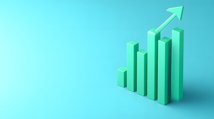 3D bar chart with upward arrow showcasing business growth and financial success on a blue background.