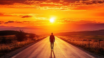 Man Walking Towards the Sunset on a Country Road.