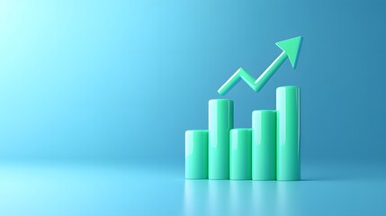 3D bar chart with upward arrow symbolizing business growth, success, or financial progress on a blue background.