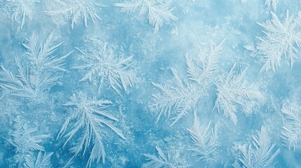 A close-up of frost patterns on a blue background, showcasing intricate ice formations.