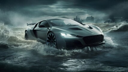 Car Navigating Through Rising Flood Waters