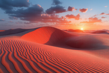Scenic sunset at Rub Al Khali Desert, dune landscape Straddling Oman, Saudi Arabia.