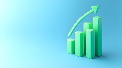 3D bar graph on blue background showing growth with upward arrow, representing financial success or business progress.