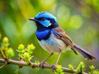 Obraz premium Vibrant male Superb Fairy-Wren perches on a slender tree branch, showcasing iridescent blue throat patch, brown back, and white belly amidst lush green foliage.