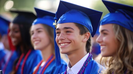 High school seniors participating in a graduation ceremony, their faces filled with pride and joy as they receive their diplomas, while family and friends cheer them on, capturing a moment of