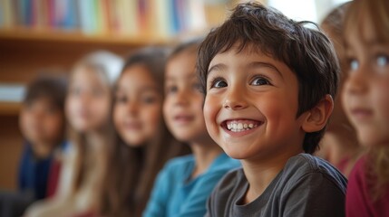 Elementary school students participating in a storytelling session in a cozy classroom, their faces filled with wonder and imagination, as they listen to a teacher narrate an engaging story,