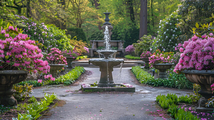 A peaceful springtime scene in a botanical garden, with pathways lined with blooming rhododendrons, magnolias, and the sound of fountains in the background.