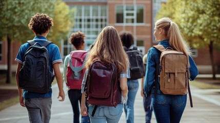 Obraz premium A group of friends walking away from a high school building, backpacks on their shoulders and smiles on their faces. The scene is set on a sunny day, with the school building and a well-maintained