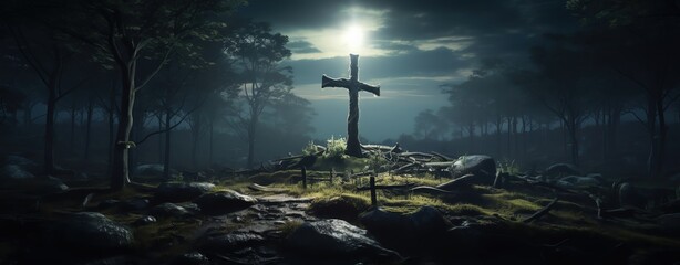 Naklejka premium A serene and atmospheric scene featuring a cross illuminated by moonlight, surrounded by trees and rocky terrain.