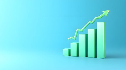 3D bar graph with green arrow going up, symbolizing growth and success on a blue background, ideal for financial and business presentations.
