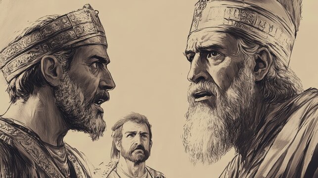 Biblical Illustration of Haman&rsquo;s Shock as King Xerxes Reveals the Honor Is for Mordecai, His Expression Turning from Pride to Disbelief