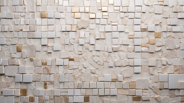 Elegant squarish tiles forming a structured and intricate mosaic pattern with diverse white shades for visual appeal.