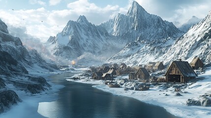 A village nestled in a snowy mountain valley, with a river flowing through the center and a fiery volcano erupting in the distance.