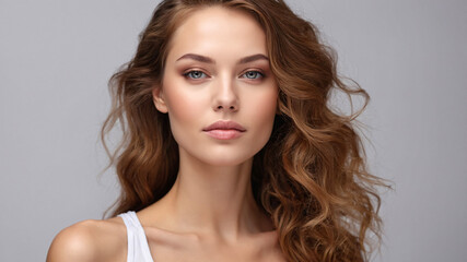 Naklejka premium A confident woman with natural wavy hair poses elegantly, highlighted by soft studio lighting and neutral background.