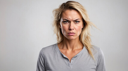 Obraz premium A woman with a serious and angry expression is frowning intensely while wearing a grey top in a studio setting.