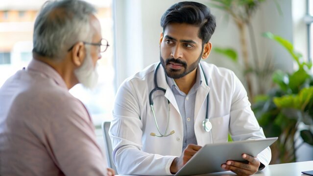 Indian Endocrinologist with Patient - Indian male endocrinologist consulting with a patient about hormone-related issues, reflecting expertise in endocrine health.
