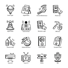 Set of Wireless Devices Doodle Icons 

