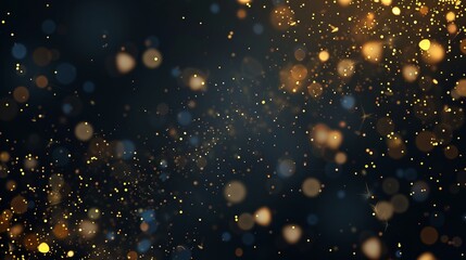 Fototapeta premium Festive vector background featuring gold glitter and colorful confetti for christmas celebration, black background with glowing golden particles and sparkling decorations