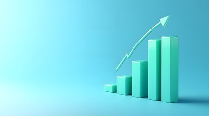 3D bar graph with upward arrow showing growth on blue background, symbolizing business success, progress, and financial increase.