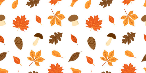 Autumn seamless pattern with fall leaves and mushrooms on white background. Flat vector illustration