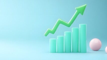 3D graph with green arrow showing upward trend on blue background, representing business growth and success.
