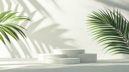 White textured podiums set against a clean background, accompanied by the natural shadow of an overhanging palm leaf, ideal for showcasing products with a tropical feel. Generative ai