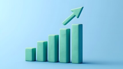 3D graph with rising bars and an arrow pointing upwards, symbolizing growth and financial success on a blue background.
