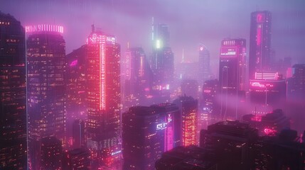 Fototapeta premium Futuristic Cityscape with Neon Lights and Rain.