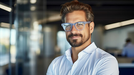 Portrait of a handsome, confident business man wearing eyeglasses in an office.