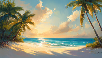 peaceful beach scene with soft white sand, gently swaying palm trees, and a turquoise ocean stretching out to the horizon. The sun is setting, casting a golden glow across the sky and water.