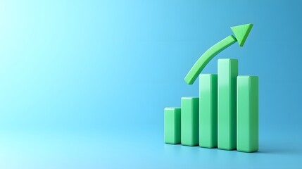 3D green bar chart with upward arrow on blue background, depicting business growth, success, and progress concepts.