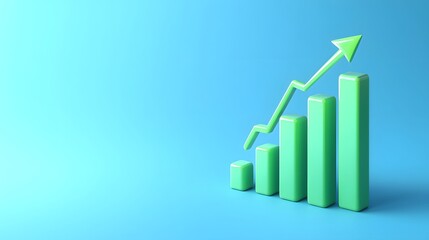 3D green bar chart with upward arrow on blue background, depicting business growth and positive financial performance. Concept of success.