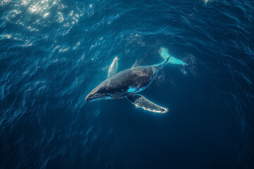 Fototapeta premium Ariel view of a humpback whale swimming in the water