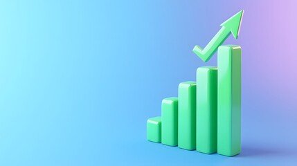 3D green bar graph ascending with upward arrow on a blue and purple gradient background, representing business growth and success.
