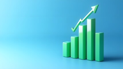 3D green bar graph on blue background with upward arrow, representing business growth, success, and financial progress.