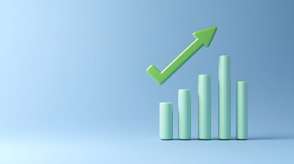 3D green bar graph with a rising arrow on a blue background symbolizing business growth, progress, and success in a minimalist design.