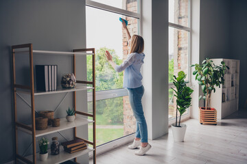 Photo of positive good mood girl dressed blue shirt doing housework wiping glass indoors house...
