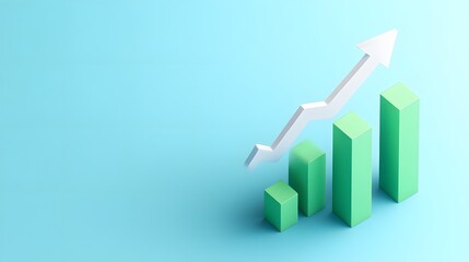 3D green bar graph with a white upward arrow on a light blue background, representing growth, success, and business progress.