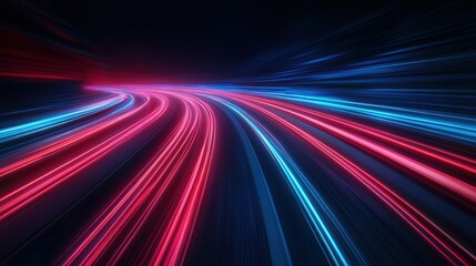 Abstract background with red and blue light trails on a dark background.