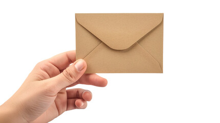 Hand holding envelope card isolated on transparent background, PNG